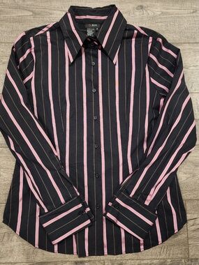 O.Shirt Button Up Blouse Women's Size 12 Pink Striped Fitted Cuffs Long Sleeve